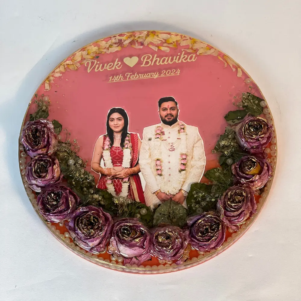 Pink Jai mala Flowers Preserved Round Resin Frame ( 10 Inch )