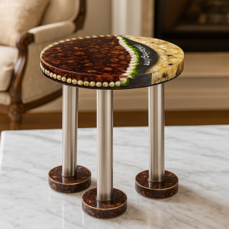 Round-shaped resin table with wedding varmala preservation