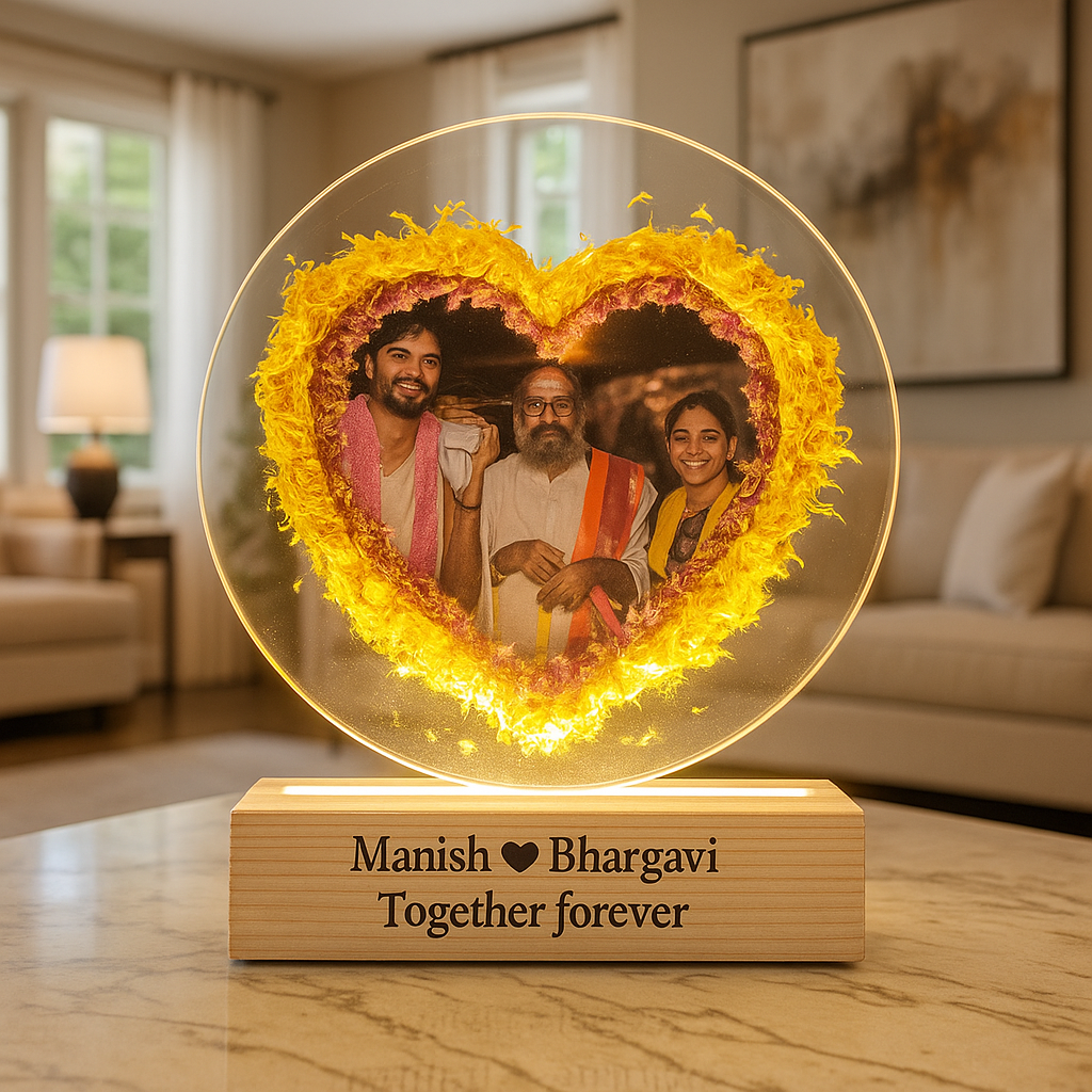 Crystal clear round resin frame with preserved wedding photo and flowers on LED wooden stand