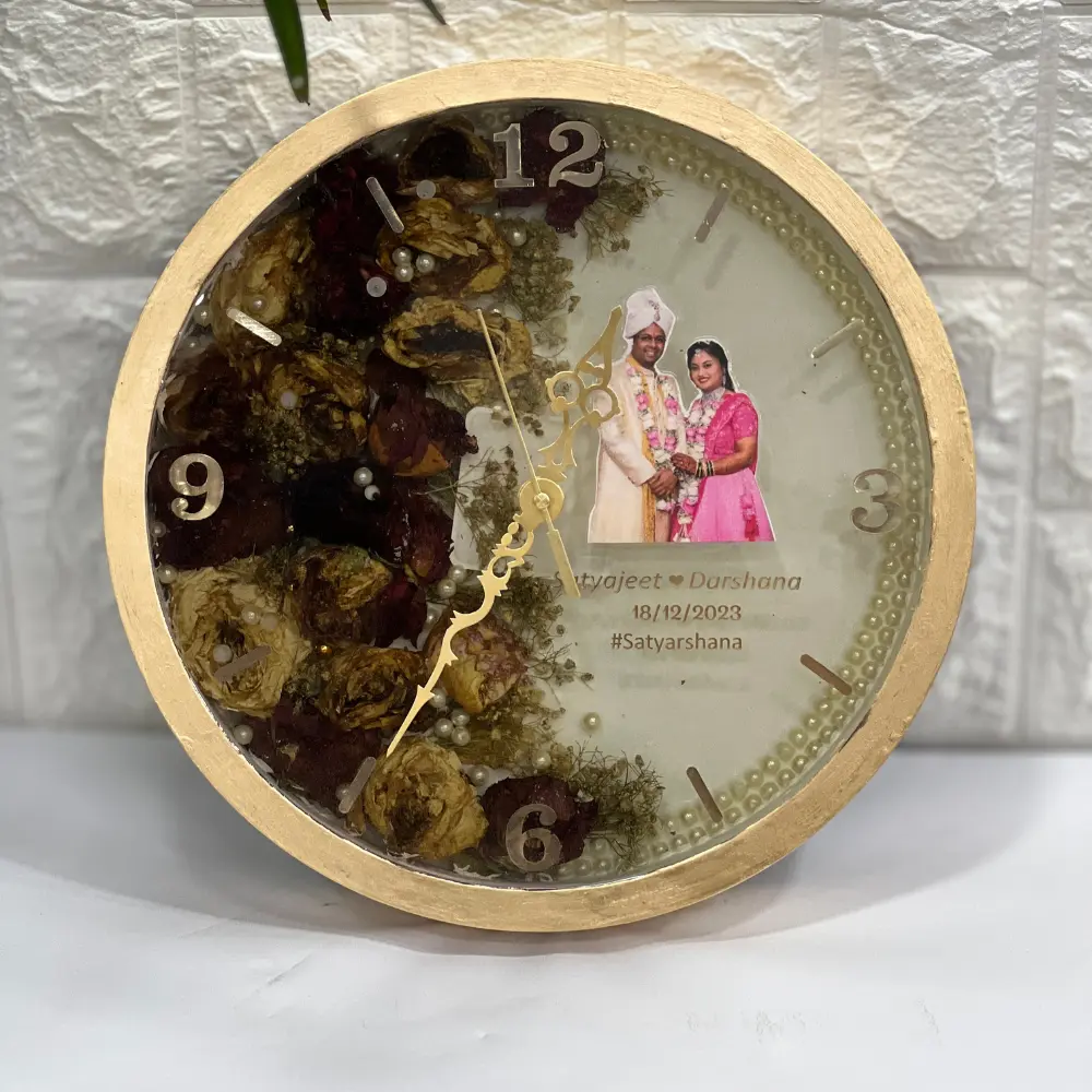 Couple Photo With Garland Flower in Epoxy Wall Clock (12 Inch)