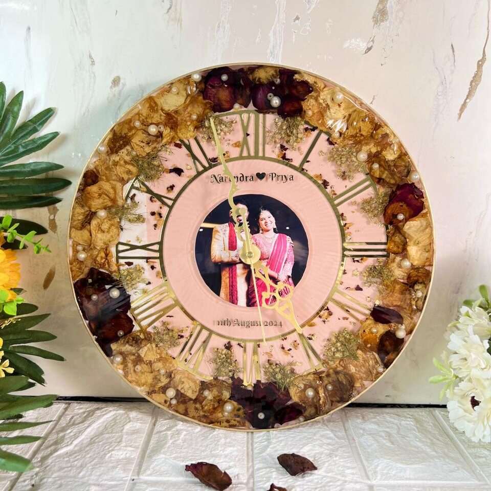 11-inch crystal clear clock with varmala flowers & photo