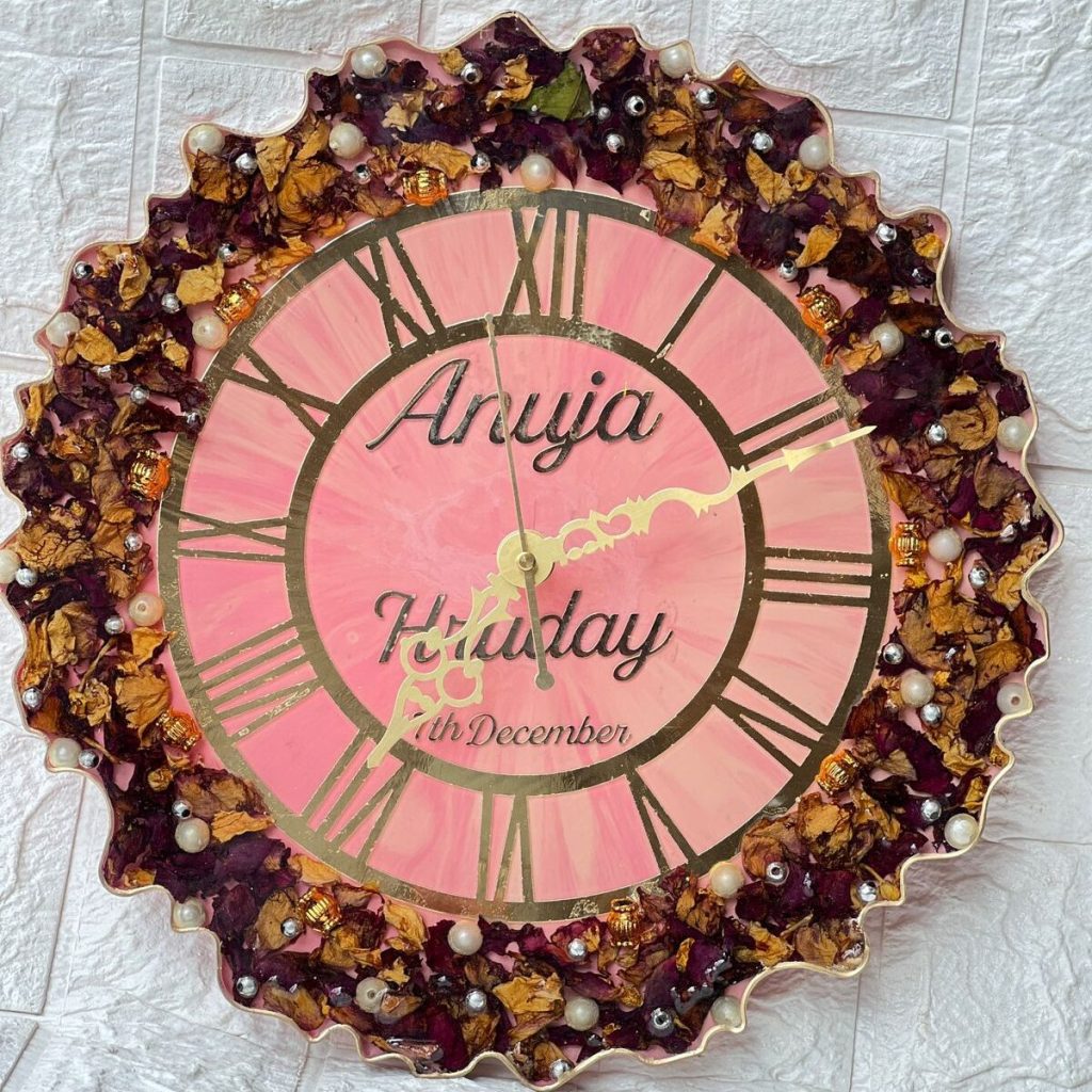 12-inch curved resin clock with personalized varmala flowers, pearls, couple name & special date