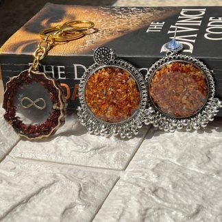Epoxy resin jhumkas and keychain with infinity sign, preserved shaadi jaimala flowers