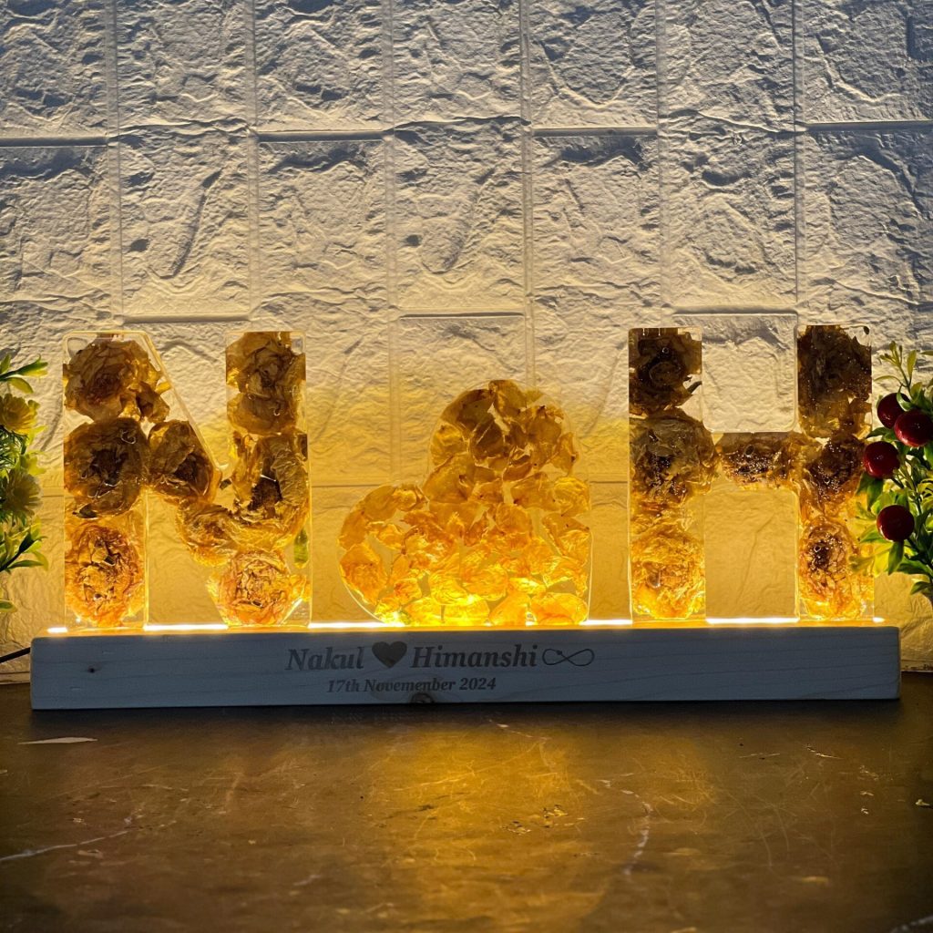 Custom Name Initials Varmala Flower Resin Frame – 6 Inch