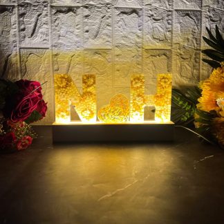 LED resin deep casting name initials with heart design on wooden stand