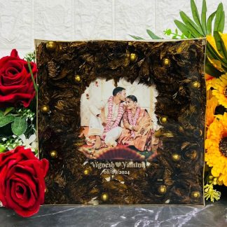 8-inch crystal clear resin block with preserved wedding garland and photo