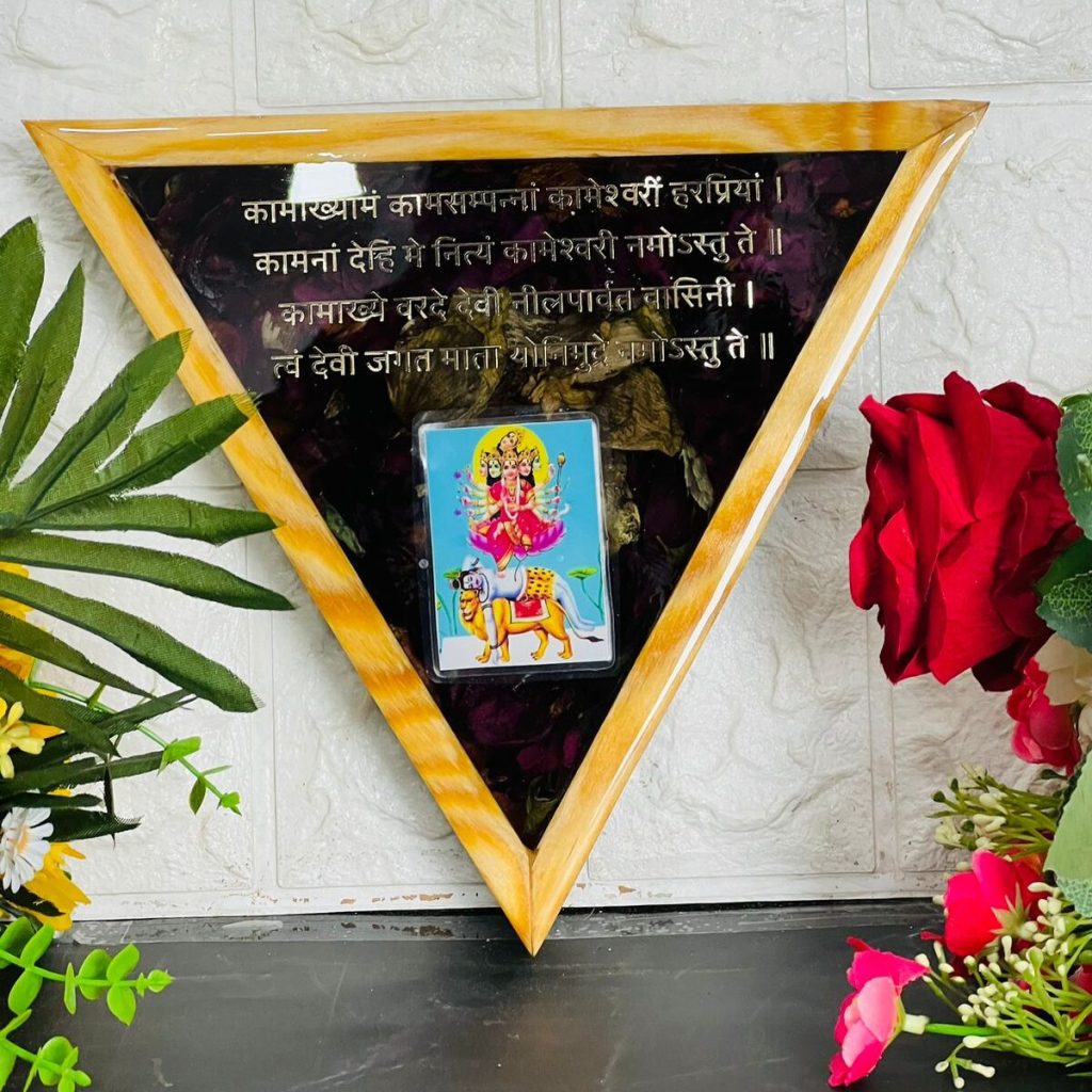 9-inch triangle teakwood flower preservation frame with Goddess Kamkhya photo and Sanskrit mantras