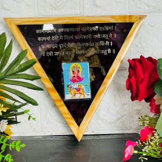 9-inch triangle teakwood flower preservation frame with Goddess Kamkhya photo and Sanskrit mantras