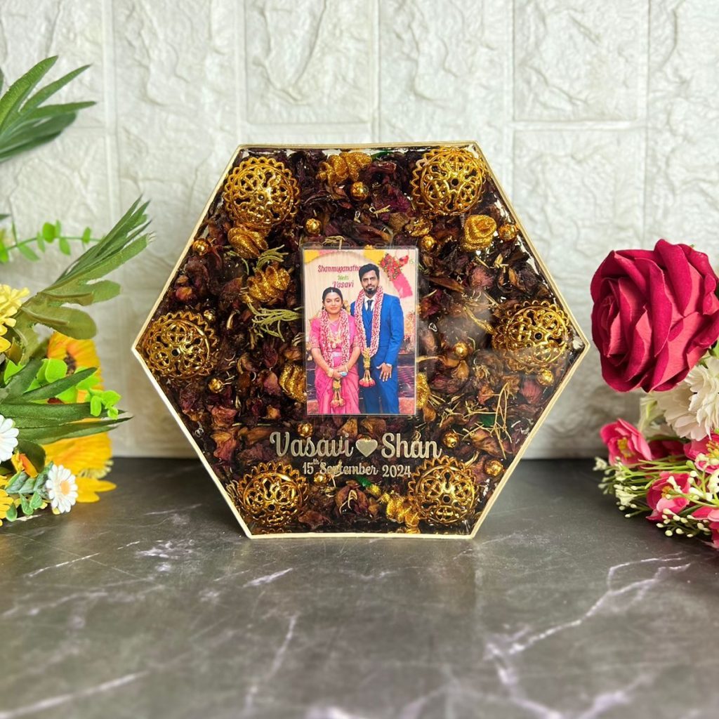 8-inch hexagonal wooden frame with preserved wedding garland and couple photo