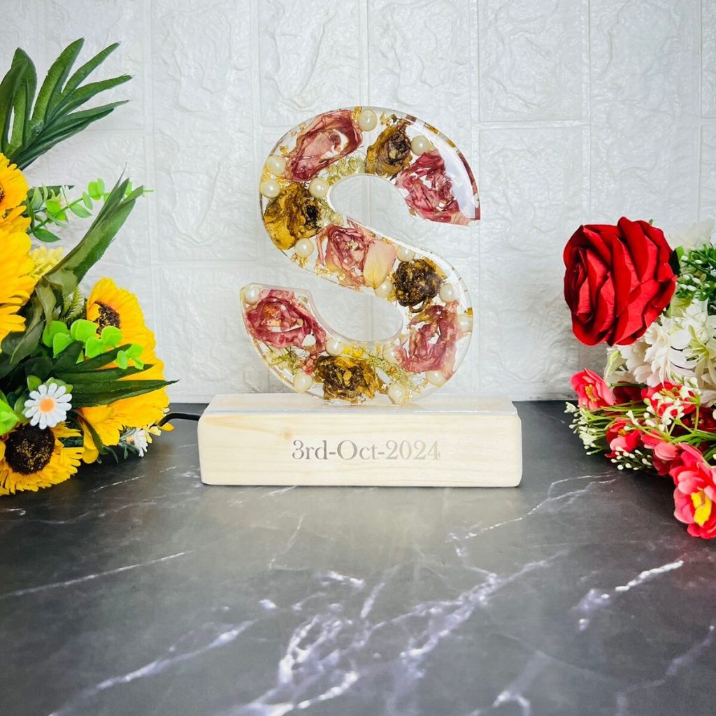 Resin varmala preservation name initials with LED wooden stand