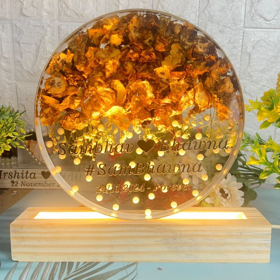 Varmala Flower Preservation In 8 Inch Round Resin Frame with Wooden LED Stand