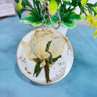 Epoxy Resin Keychain With Preserved White Rose