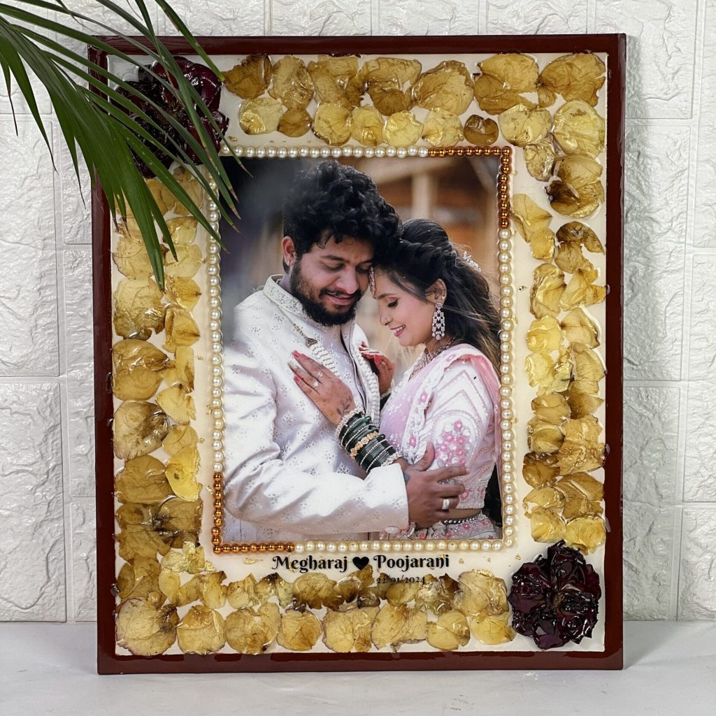 15×18 inch teakwood resin photo frame with yellow flower petals, red roses, and white pearls