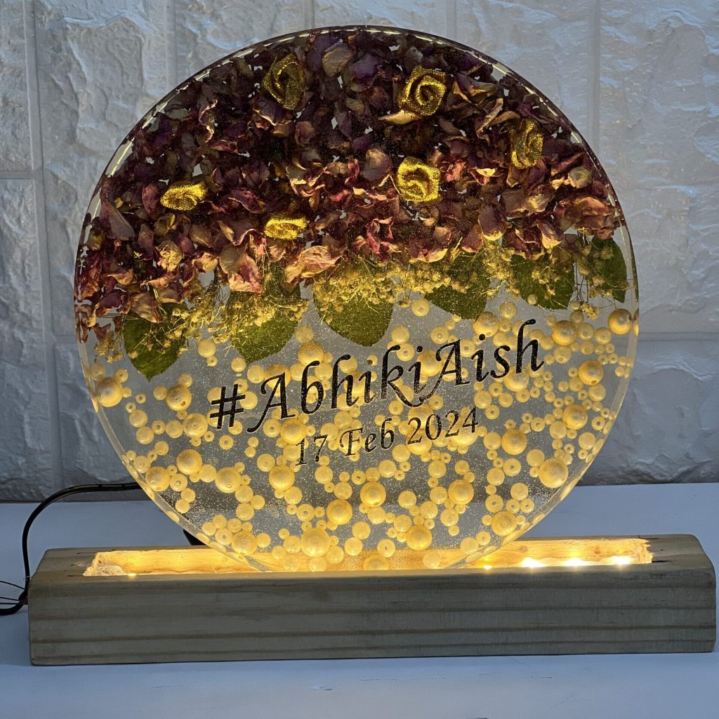 12-inch crystal clear round frame with wedding varmala flowers and white pearls, LED wooden stand