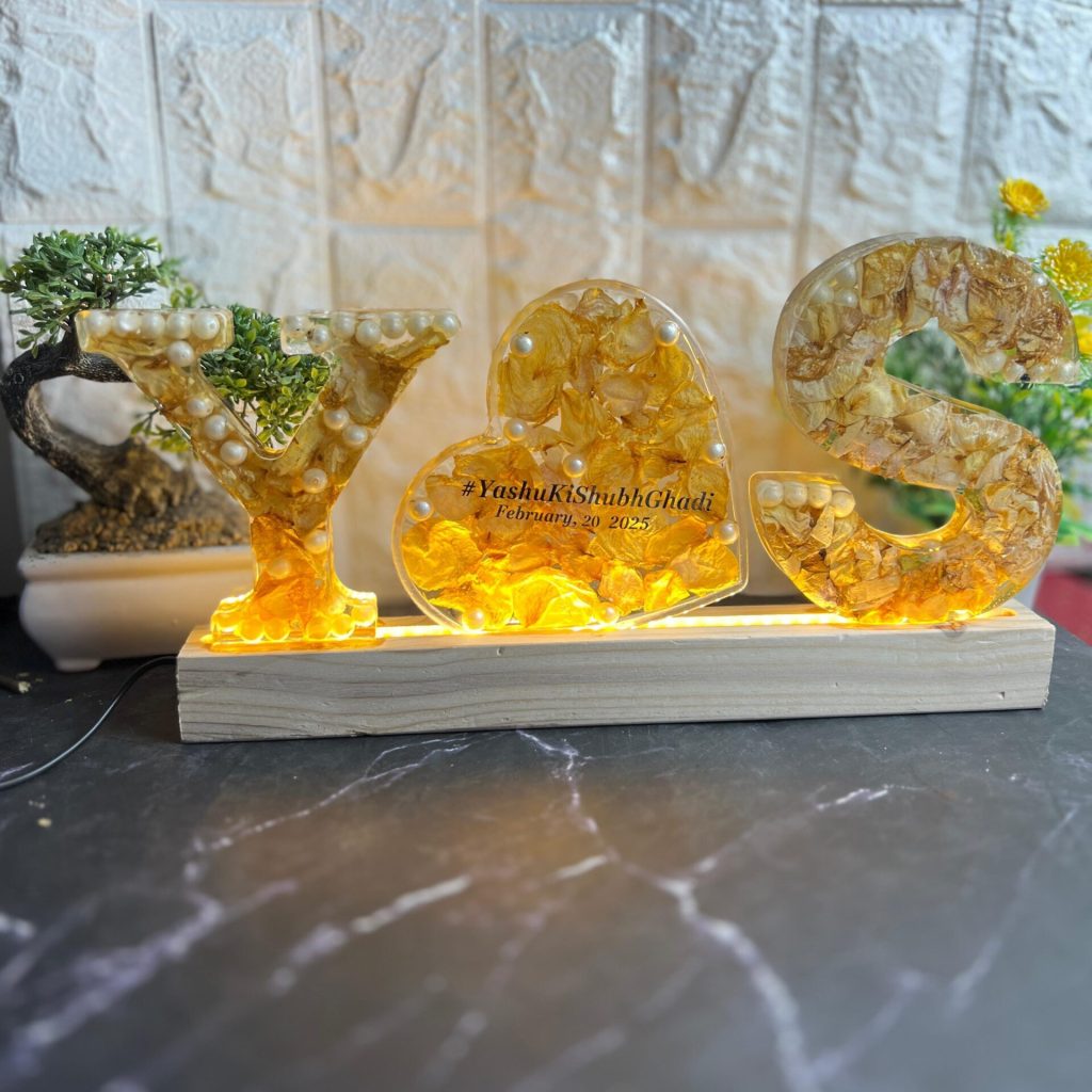 Custom Resin LED Name Frame with Varmala Flowers – Y💛S Initials ( 6- Size)