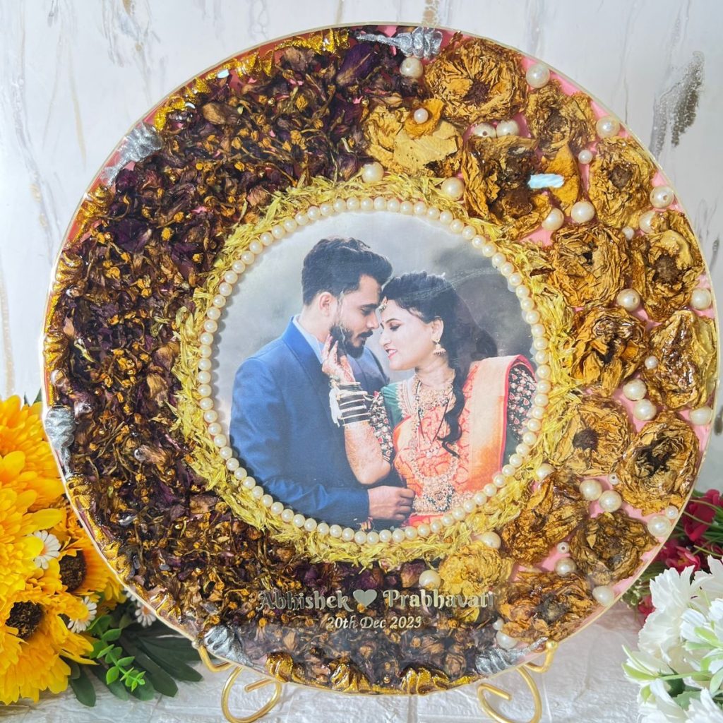 14-inch round deep casting frame with metal stand, preserved wedding varmala and couple’s name