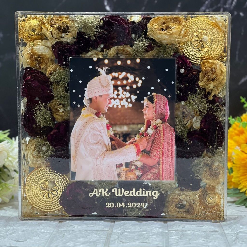 preserved with red and yellow flowers with pearls with photo and Hashtag, Date Luxury Epoxy Shaadi Jaymala Art preservation