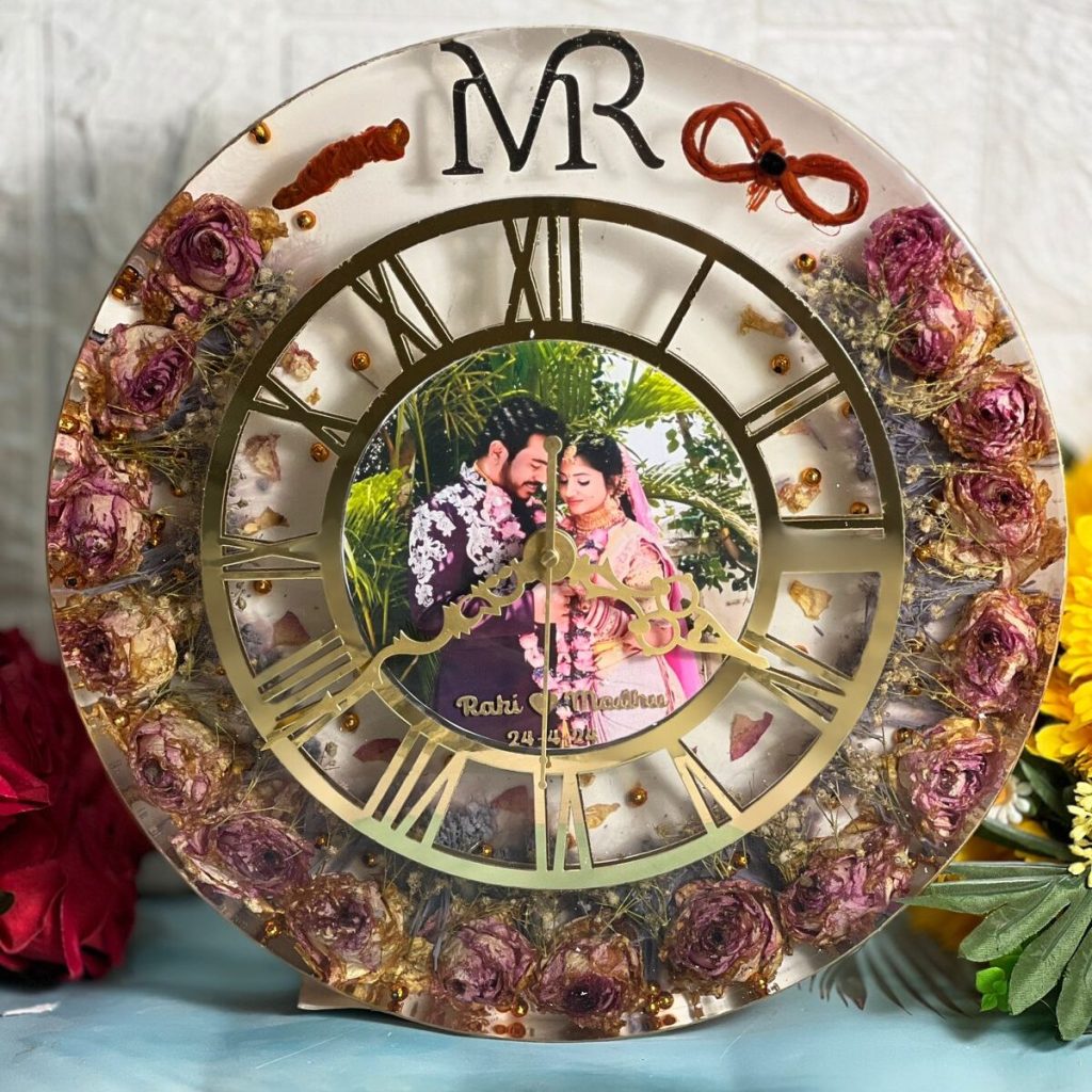 Epoxy Wedding Garland Preserved Wall Clock ( 12 inch )
