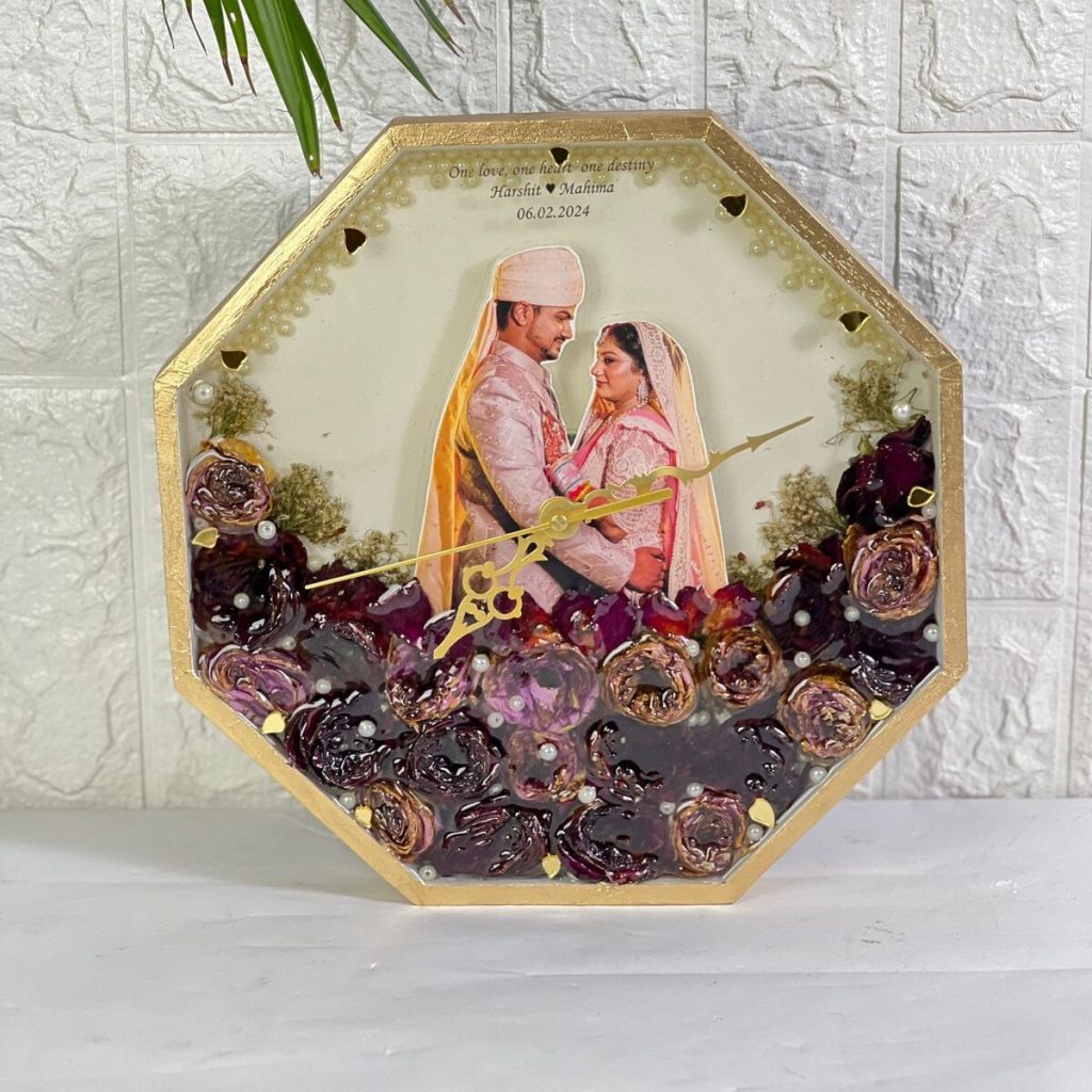 Teakwood Resin Wall Clock with Preserved Wedding Flowers & Photo ( 10-Inch)