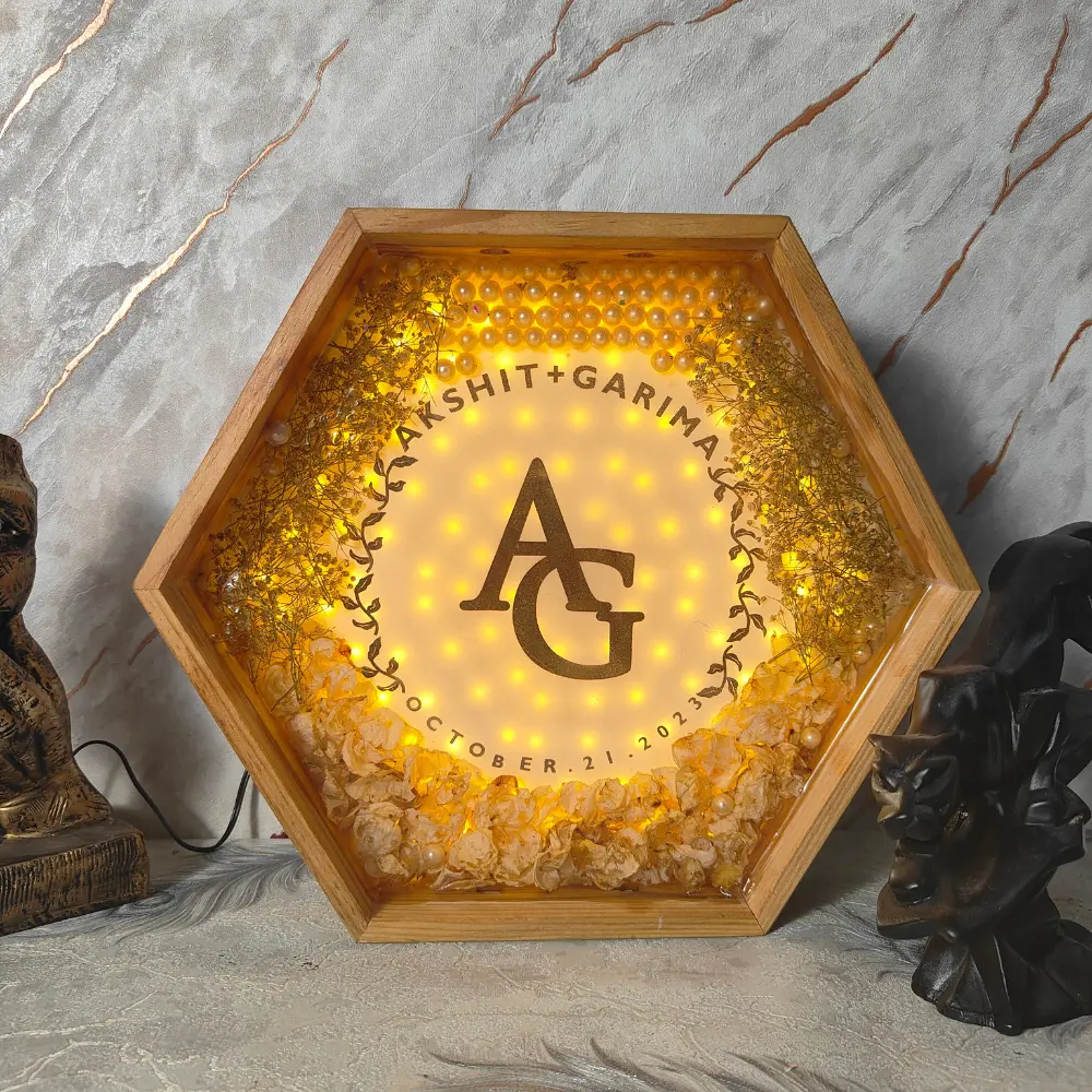 Varmala Flowers Preserved in Resin Hexagonal LED Frame (12 Inch)