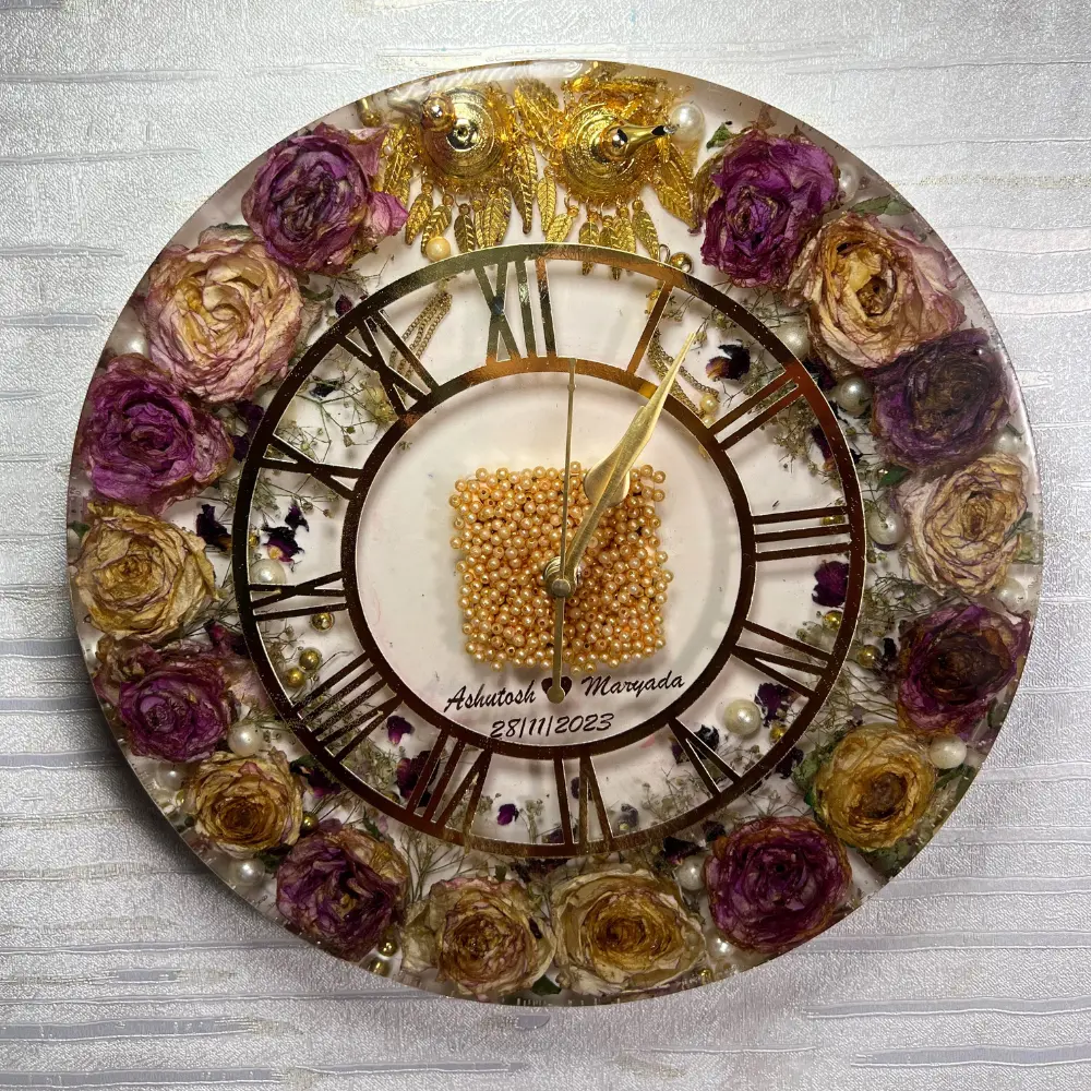 Wedding Varmala Flowers & Kaleere Preserved Resin Wall Clock (12 Inch Round)