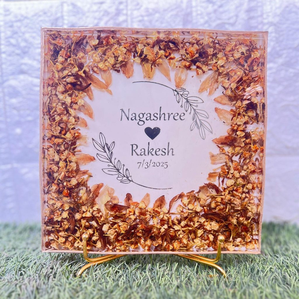 Square Varmala Flower Preservation Resin Frame – 8 Inch