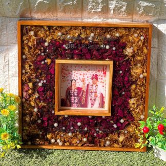 (16- Inch ) Teakwood Resin Preservation Frame with Varmala Flowers & Wedding Photo