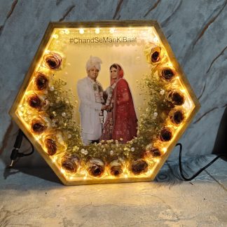 Preserved Varmala & Wedding Photo in (10)-Inch Hexagonal Teakwood LED Resin Frame