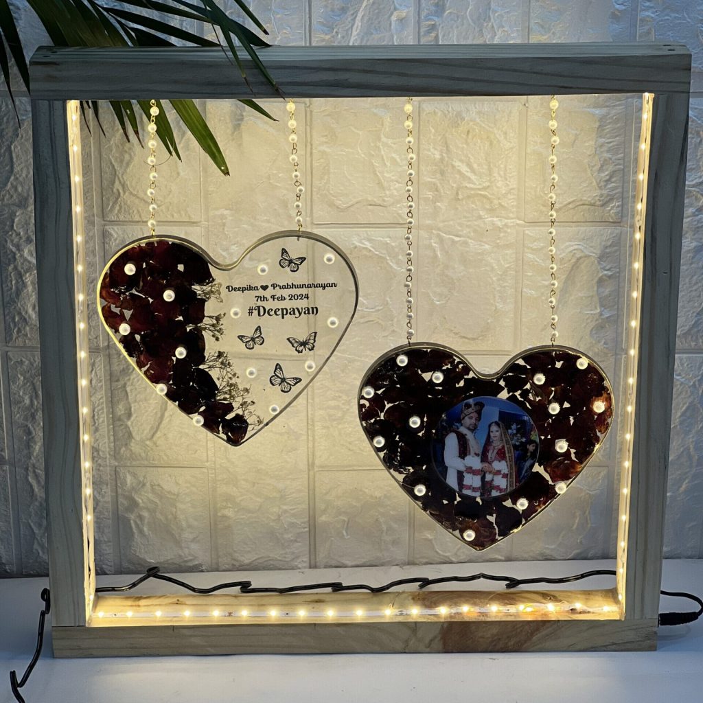 Preserved Flowers & Photo in Dual Heart-Shaped Resin Frame ( 15- Inch )